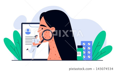 Woman with acne and skin rash on her face and neck. Tiny dermatologist examines irritated skin with a magnifying glass. Allergy treatment concept. Isolated vector illustration in cartoon style Woman with acne and skin rash on her face and neck. Tiny dermatologist examines irritated skin with a magnifying glass. Allergy treatment concept. Isolated vector illustration in cartoon style 143074534