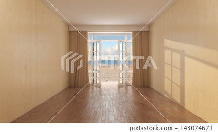 Empty Interior with Open French Doors Overlooking Sunny Beach Empty Interior with Open French Doors Overlooking Sunny Beach 143074671