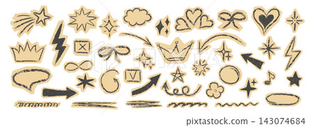 Cute sticker collection with paper hearts, stars, and arrows for diary decoration, scrapbook crafts, and creative collage projects with hand-drawn charm. 143074684