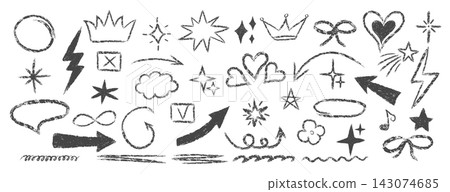 Cute crayon-style star shapes with hearts and arrows. Sketched line art elements ideal for children's artwork and scribble designs. 143074685