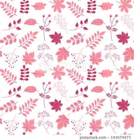 Elegant vector seamless pattern in flat style with leaves and twigs in pink colors on white background for invitations, scrapbook and textile designs Elegant vector seamless pattern in flat style with leaves and twigs in pink colors on white background for invitations, scrapbook and textile designs 143074873