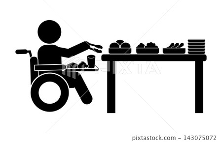 一個坐在輪椅上的人在自助餐檯上取食物的象形圖。 一個坐在輪椅上的人在自助餐檯上取食物的象形圖。 143075072