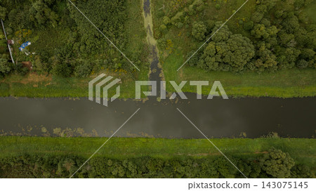 Aerial View of a Calm River and Lush Greenery in Belarus 143075145