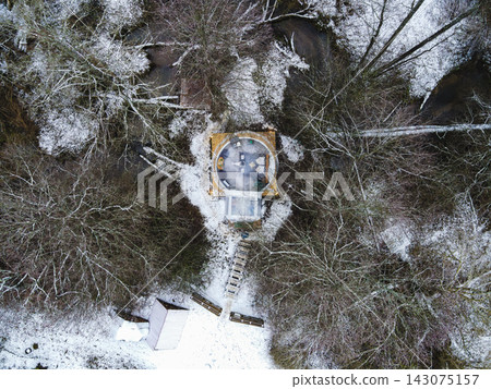 Aerial View of Circular Glass Structure in Snowy Forest Near Minsk Aerial View of Circular Glass Structure in Snowy Forest Near Minsk 143075157