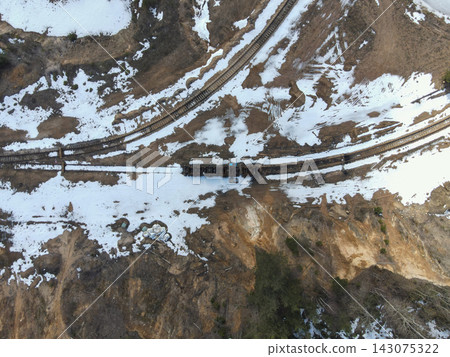 Aerial view of Belarus narrow gauge railway with maintenance train Aerial view of Belarus narrow gauge railway with maintenance train 143075322