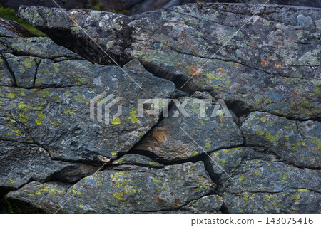 Close-up of stacked stone wall with lichen and moss coverage, Norway Close-up of stacked stone wall with lichen and moss coverage, Norway 143075416