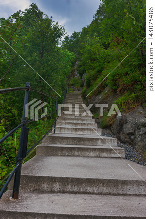 Concrete staircase ascending through forest with metal handrail, Norway 143075486