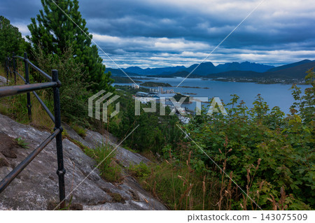 Elevated view of fjord settlement with mountains and railing, Norway coastal landscape Elevated view of fjord settlement with mountains and railing, Norway coastal landscape 143075509
