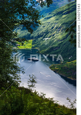 Cruise ship in fjord surrounded by forested mountains, Norway Cruise ship in fjord surrounded by forested mountains, Norway 143075543