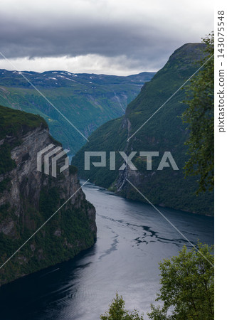 Deep valley canyon with river and waterfall, Norway fjord landscape Deep valley canyon with river and waterfall, Norway fjord landscape 143075548