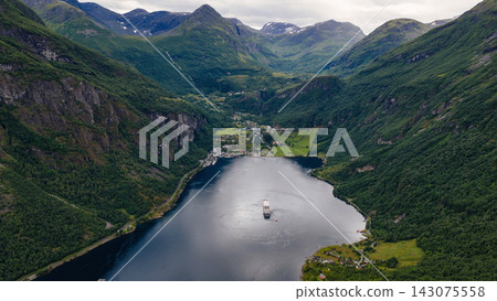 Aerial view of Geirangerfjord with cruise ship, Mollsaeter valley, Norway Aerial view of Geirangerfjord with cruise ship, Mollsaeter valley, Norway 143075558