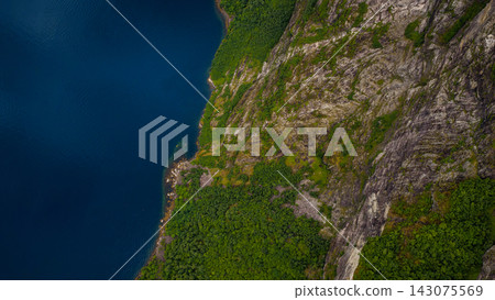 Aerial view of forested coastal cliff and deep blue water, Mollsaeter Norway Aerial view of forested coastal cliff and deep blue water, Mollsaeter Norway 143075569