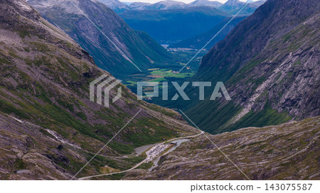 Aerial view of mountain valley with river and farmland, Rauma region Norway Aerial view of mountain valley with river and farmland, Rauma region Norway 143075587