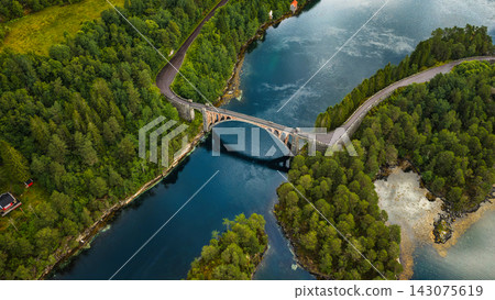 Aerial view of dual viaduct bridges crossing Straumen waterway, Malihaugen, Norway Aerial view of dual viaduct bridges crossing Straumen waterway, Malihaugen, Norway 143075619
