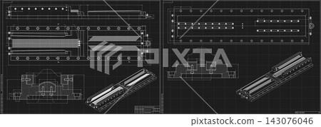 Mechanical engineering drawing of cutting tool on black background. Modular flat broaching tool assembly with teeth, dimensions and sections. Technical machining blueprint. Vector illustration. Mechanical engineering drawing of cutting tool on black background. Modular flat broaching tool assembly with teeth, dimensions and sections. Technical machining blueprint. Vector illustration. 143076046