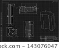Mechanical engineering drawing of cutting tool on black background. Prismatic profile cutter construction with dimensions and sections. Technical machining blueprint. Vector illustration. 143076047