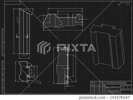 Mechanical engineering drawing of cutting tool on black background. Prismatic profile cutter construction with dimensions and sections. Technical machining blueprint. Vector illustration. Mechanical engineering drawing of cutting tool on black background. Prismatic profile cutter construction with dimensions and sections. Technical machining blueprint. Vector illustration. 143076047