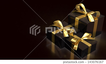 Elegant Black Gift Boxes with Golden Ribbons 3d render. Elegant Black Gift Boxes with Golden Ribbons 3d render. 143076167