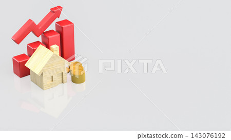 Rising Property Values with Wooden House and Gold Coins 3d render. Rising Property Values with Wooden House and Gold Coins 3d render. 143076192