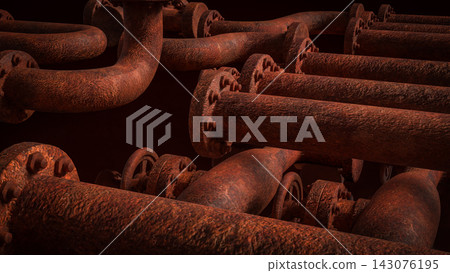 Corroded Industrial Pipe Network with Rusty Flanges and Bolted Connections 3d render. Corroded Industrial Pipe Network with Rusty Flanges and Bolted Connections 3d render. 143076195