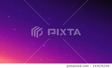 Abstract space background with glowing stars and particles. Purple and pink cosmic gradient. Starry atmosphere for poster, branding, technology or modern design. Vector illustration Abstract space background with glowing stars and particles. Purple and pink cosmic gradient. Starry atmosphere for poster, branding, technology or modern design. Vector illustration 143076349