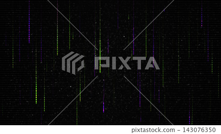 Glitch technology background with vertical neon lines. Digital noise, and scan effects on black backdrop. Futuristic cyber texture for gaming, media, technology. Vector illustration Glitch technology background with vertical neon lines. Digital noise, and scan effects on black backdrop. Futuristic cyber texture for gaming, media, technology. Vector illustration 143076350