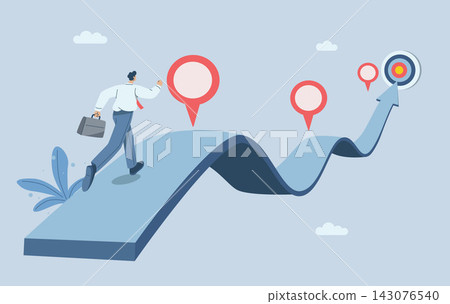 Businessman running on project timeline, Project planning to develop the timeline of business progress, Roadmap, Work duration review, Key route map with action plans. Vector design illustration. Businessman running on project timeline, Project planning to develop the timeline of business progress, Roadmap, Work duration review, Key route map with action plans. Vector design illustration. 143076540
