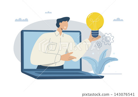 Creating successful ideas or creativity, Imaginative thinking and inspiring ideas, Motivation for business innovation, Businessman holding a big light bulb on a laptop screen, Flat vector design. Creating successful ideas or creativity, Imaginative thinking and inspiring ideas, Motivation for business innovation, Businessman holding a big light bulb on a laptop screen, Flat vector design. 143076541