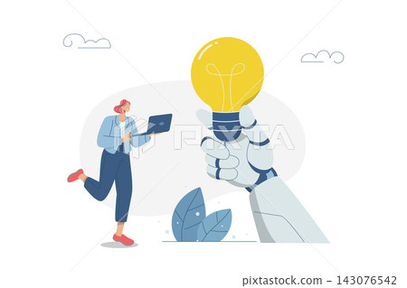 Automatic idea generation with artificial intelligence, Creating successful ideas or creativity, Technological innovation and invention, Women and AI work together to develop innovations. Vector. 143076542