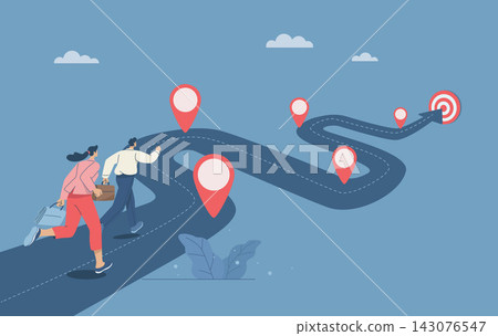Business team running work on project timeline, Timeline, Progress in business, Roadmap, Project planning, Key route map with action plans, Timeline to success, Flat vector design illustration. Business team running work on project timeline, Timeline, Progress in business, Roadmap, Project planning, Key route map with action plans, Timeline to success, Flat vector design illustration. 143076547