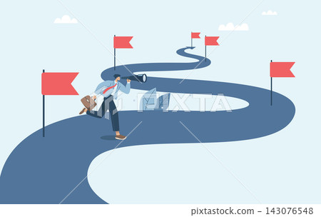 Project progress timeline monitoring, Roadmap, Timeline planning, Management, Manager uses binoculars to check on the progress of the project, Flat vector design illustration. Project progress timeline monitoring, Roadmap, Timeline planning, Management, Manager uses binoculars to check on the progress of the project, Flat vector design illustration. 143076548