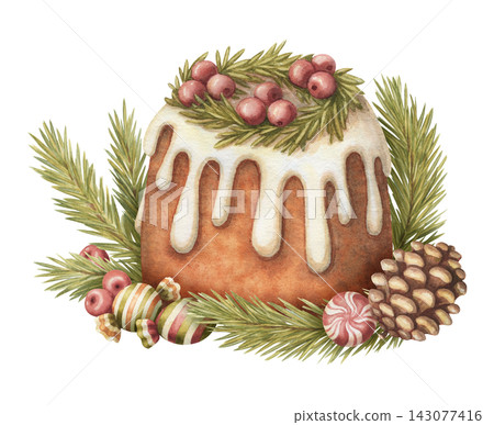 Christmas pudding watercolor illustration. Sweet dessert cake with icing is decorated with pine branch, cranberries and candy. Festive holiday bakery for menu design. Traditional winter food print. 143077416
