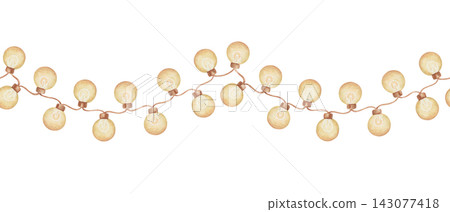 Watercolor Christmas garland with yellow round boho light bulb. Vintage string decor creates a seamless border. Great for banner and card design. Holiday decoration suits party and home decor design. Watercolor Christmas garland with yellow round boho light bulb. Vintage string decor creates a seamless border. Great for banner and card design. Holiday decoration suits party and home decor design. 143077418