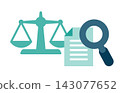 An illustrative image of a compliance audit where documents are examined using a balance scale and a magnifying glass. 143077652