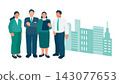 A compliance illustration of a business team, conveying a sense of trust against the backdrop of an office building. 143077653