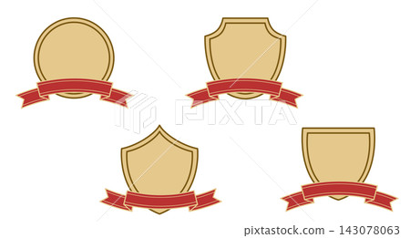 A set of four illustrations featuring a simple gold frame with a red ribbon. A set of four illustrations featuring a simple gold frame with a red ribbon. 143078063
