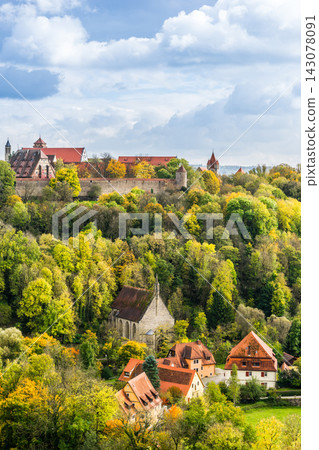 Panoramic view of Rothenburg ob der Tauber old town with city wall and medieval towers in Germany Panoramic view of Rothenburg ob der Tauber old town with city wall and medieval towers in Germany 143078091