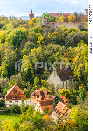 Panoramic view of Rothenburg ob der Tauber old town with city wall and medieval towers in Germany Panoramic view of Rothenburg ob der Tauber old town with city wall and medieval towers in Germany 143078092