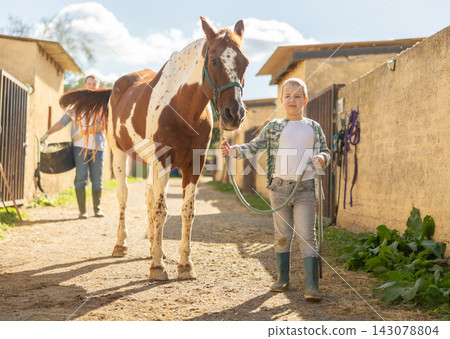 Happy boy leads a horse by the bridle for a walk in pasture Happy boy leads a horse by the bridle for a walk in pasture 143078804