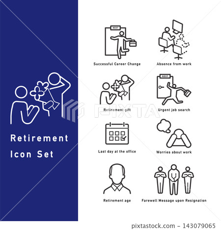 A set of line art icons related to retirement. A set of line art icons related to retirement. 143079065