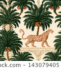 Tropical palm tree Asian leopard seamless pattern. Cute jungle damask ornament, jungle arched print, hand drawn wild animal under the coconut, Indian textile design wallpaper Vector beach illustration 143079405