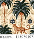 Tropical palm tree Asian leopard seamless pattern. Cute jungle damask ornament, jungle arched print, hand drawn wild animal under the coconut, Indian textile design wallpaper Vector beach illustration 143079407