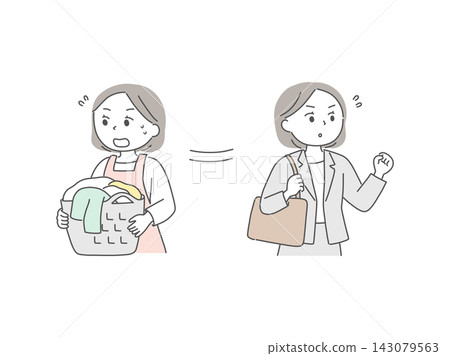 一幅描繪一位忙碌的女性兼顧工作和家務的插圖。 一幅描繪一位忙碌的女性兼顧工作和家務的插圖。 143079563