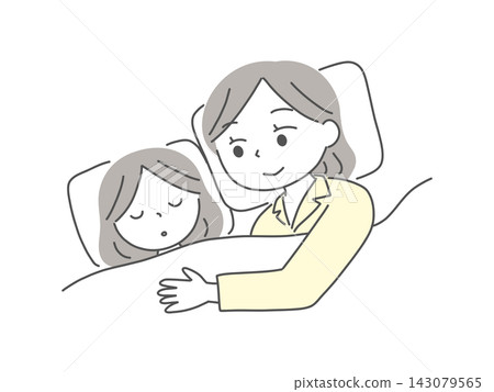 一幅描繪母親和女兒哄女嬰睡覺的插圖。 一幅描繪母親和女兒哄女嬰睡覺的插圖。 143079565