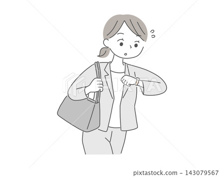 An illustration of a working mother hurrying to work while checking her watch. An illustration of a working mother hurrying to work while checking her watch. 143079567