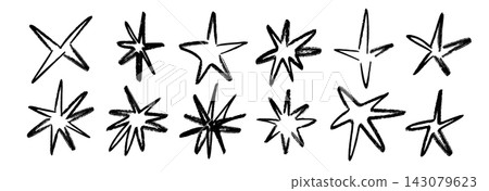 Hand drawn sparkle shape set. Black brush stroke star sketch collection. Vector abstract magic spark shine pack. Kid crayon twinkle asterisk doodle bundle for sticker, collage, poster, sticker, label Hand drawn sparkle shape set. Black brush stroke star sketch collection. Vector abstract magic spark shine pack. Kid crayon twinkle asterisk doodle bundle for sticker, collage, poster, sticker, label 143079623