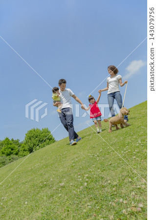 一家四口在公園和他們的寵物玩耍。 一家四口在公園和他們的寵物玩耍。 143079756