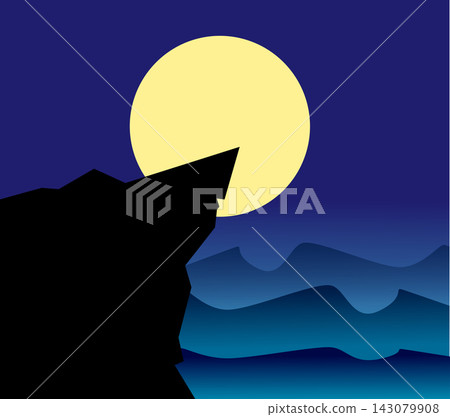 Minimalist night landscape vector illustration with full moon behind cliff silhouette and blue ocean waves Minimalist night landscape vector illustration with full moon behind cliff silhouette and blue ocean waves 143079908