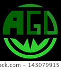 Modern abstract AGD or AGDW letter logo, circular AGDW monogram with green geometric letters. circle logo design with bold geometric letters A G D and green crown W shape at bottom on black background 143079915