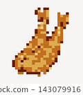 Pixel art fried shrimp tempura isolated on white background. Ebi furai retro 8-bit game item icon. Golden crispy fried shrimp pixel art illustration. Retro Japanese food asset for video games. 143079916
